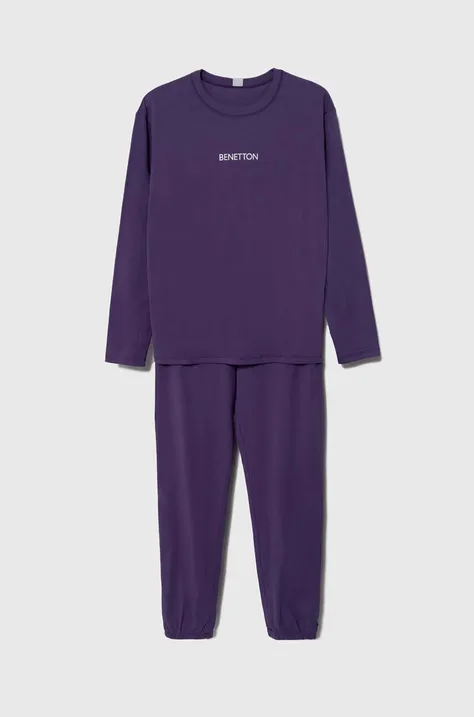 Детская хлопковая пижама United Colors of Benetton цвет фиолетовый с принтом