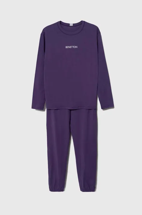 United Colors of Benetton pijamale de bumbac pentru copii culoarea violet, cu imprimeu