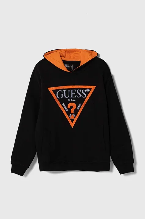 Παιδική βαμβακερή μπλούζα Guess χρώμα: μαύρο, με κουκούλα