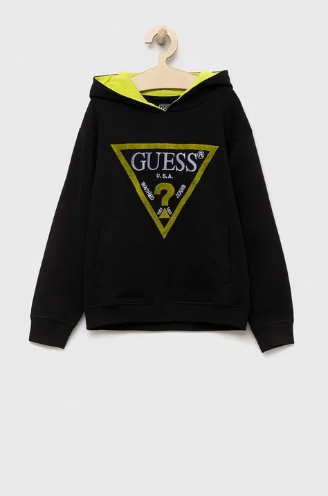 Guess bluza bawełniana dziecięca kolor czarny z kapturem z aplikacją