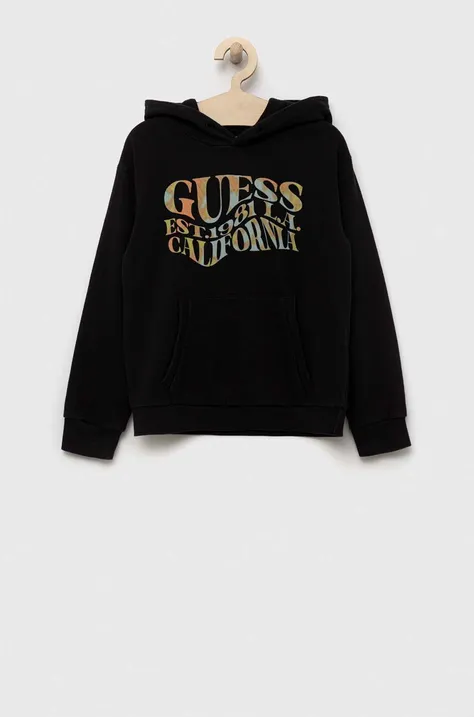 Otroški bombažen pulover Guess črna barva, s kapuco
