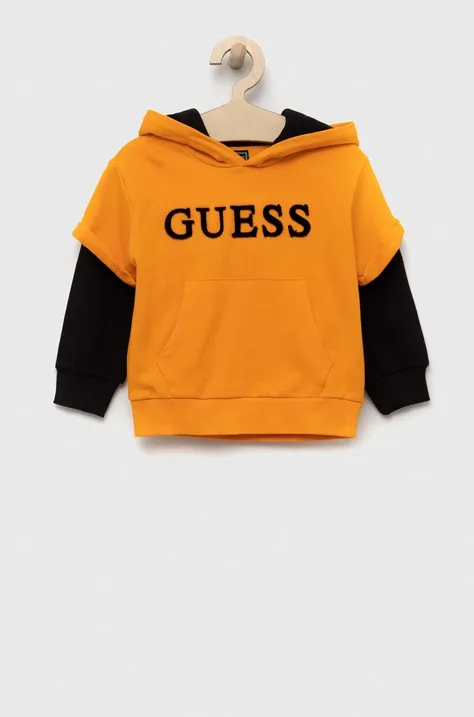 Детская хлопковая кофта Guess цвет оранжевый с капюшоном узор