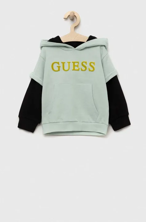 Detská bavlnená mikina Guess tyrkysová farba, s kapucňou, vzorovaná