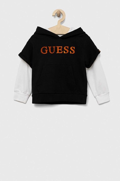 Guess hanorac de bumbac pentru copii culoarea negru, cu glugă, modelator