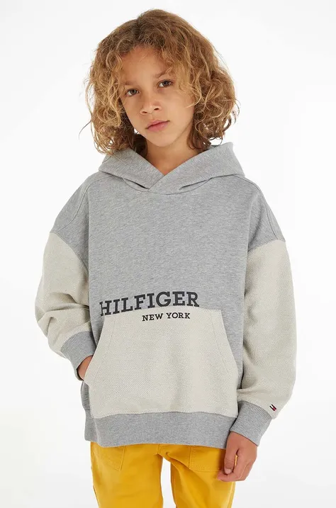 Otroški bombažen pulover Tommy Hilfiger siva barva, s kapuco