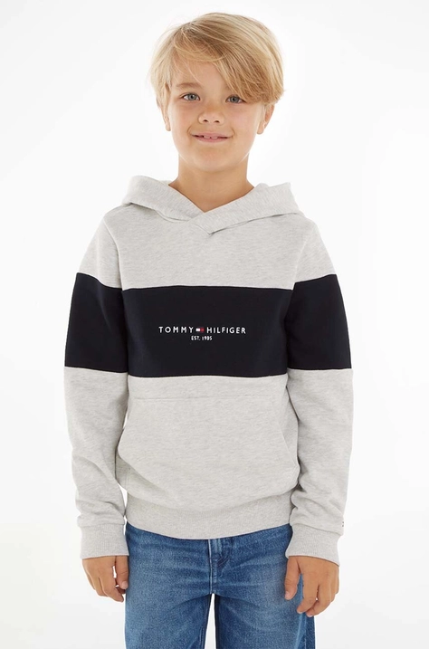 Tommy Hilfiger hanorac de bumbac pentru copii culoarea gri, cu glugă, modelator