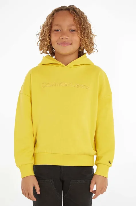 Dječja pamučna dukserica Calvin Klein Jeans boja: žuta, s kapuljačom, glatka