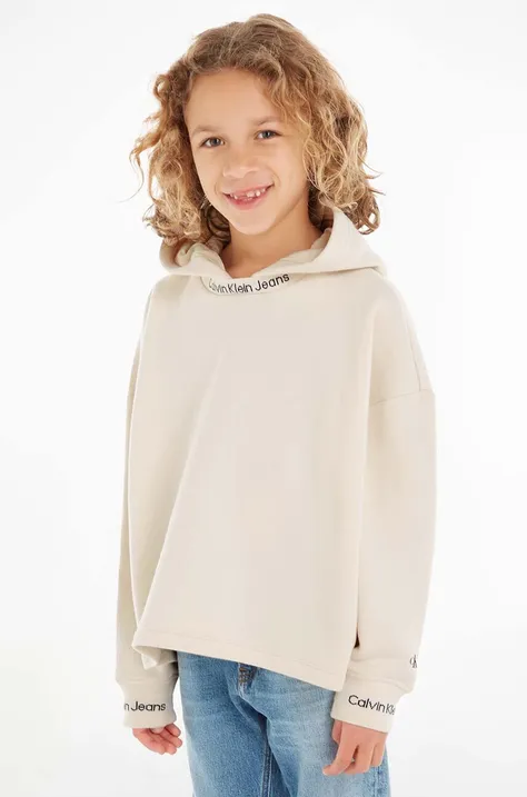 Παιδική μπλούζα Calvin Klein Jeans χρώμα: μπεζ, με κουκούλα