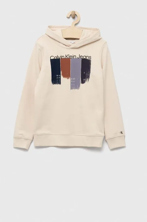 Otroški bombažen pulover Calvin Klein Jeans bež barva, s kapuco