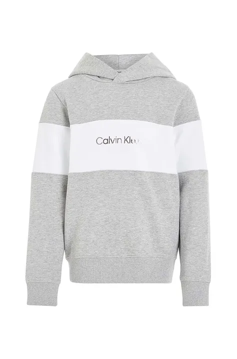 Otroški bombažen pulover Calvin Klein Jeans siva barva, s kapuco
