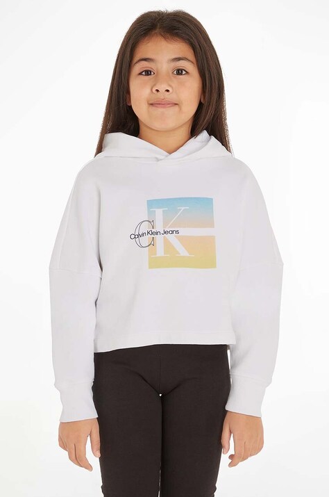 Детская хлопковая кофта Calvin Klein Jeans цвет белый с капюшоном с принтом