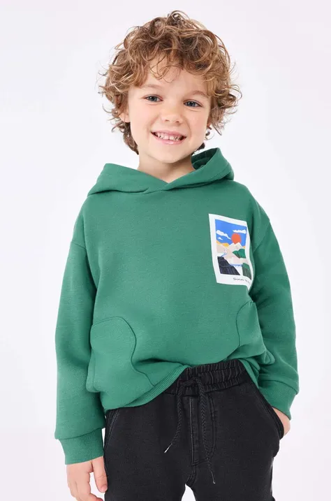 Дитяча кофта Mayoral колір зелений з капюшоном з принтом