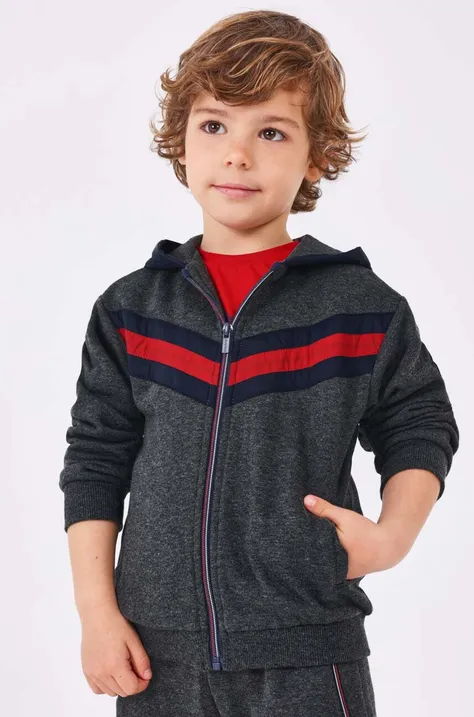 Otroški pulover Mayoral siva barva, s kapuco
