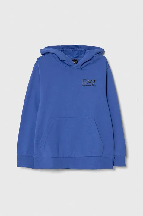 EA7 Emporio Armani bluza bawełniana dziecięca kolor niebieski z kapturem z nadrukiem