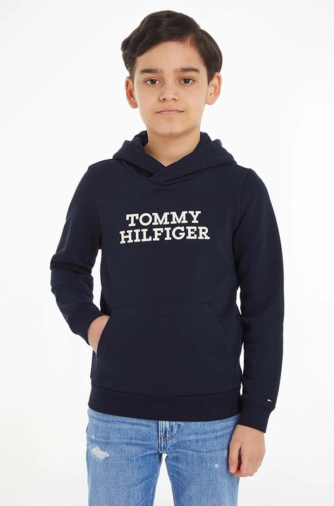 Detská mikina Tommy Hilfiger tmavomodrá farba, s kapucňou, s nášivkou