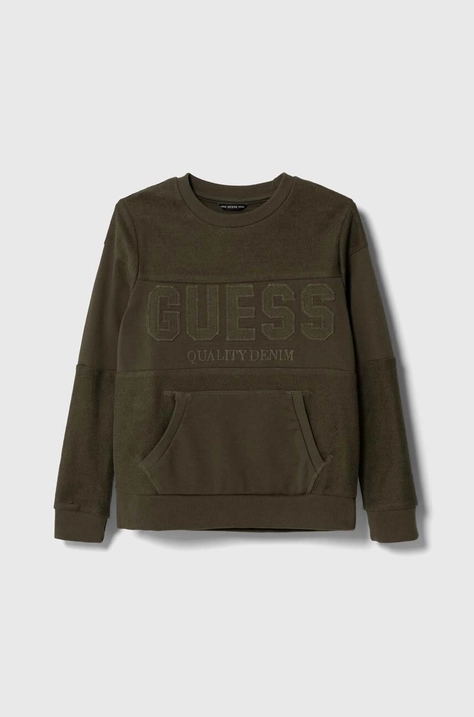 Детски памучен суичър Guess в зелено с апликация