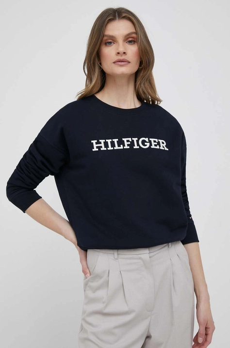 Tommy Hilfiger hanorac de bumbac femei, culoarea albastru marin, cu imprimeu