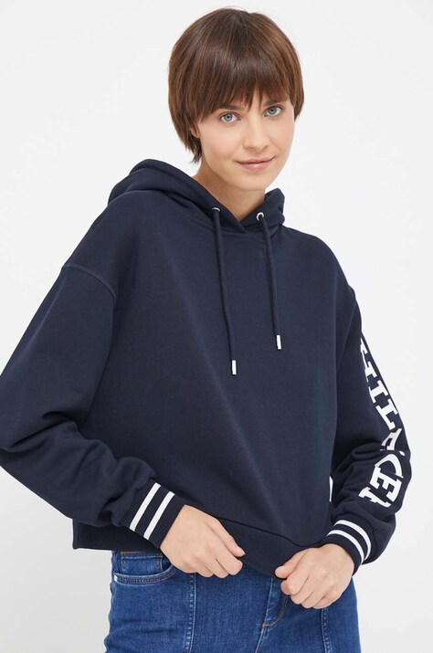 Tommy Hilfiger hanorac de bumbac femei, culoarea albastru marin, cu glugă, cu imprimeu