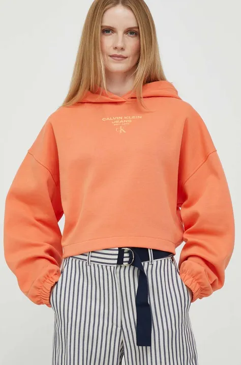 Calvin Klein Jeans bluza femei, culoarea portocaliu, cu glugă, cu imprimeu