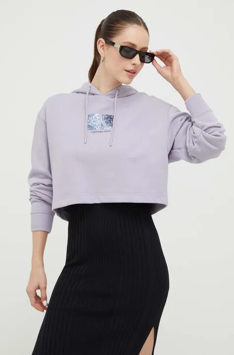 Bavlnená mikina Calvin Klein Jeans dámska, fialová farba, s kapucňou, s potlačou