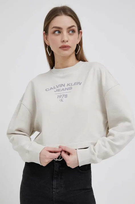 Calvin Klein Jeans bluza femei, culoarea bej, cu imprimeu