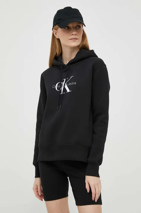 Mikina Calvin Klein Jeans dámska, čierna farba, s kapucňou, s potlačou