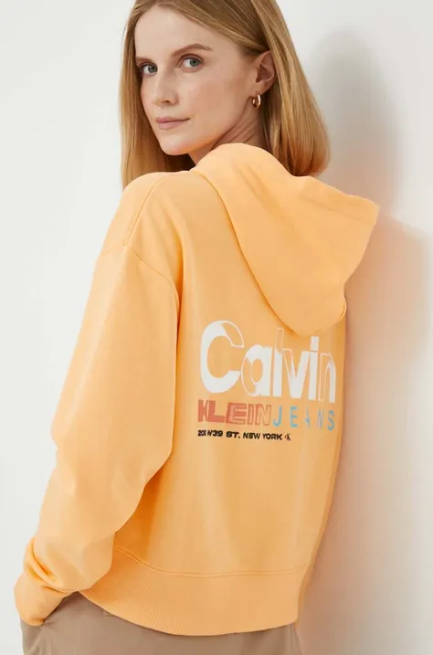 Bombažen pulover Calvin Klein Jeans ženska, oranžna barva, s kapuco