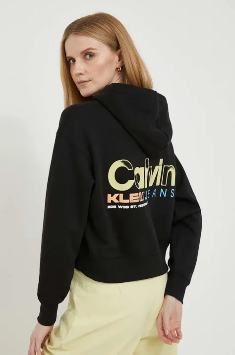 Хлопковая кофта Calvin Klein Jeans женская цвет чёрный с капюшоном с принтом