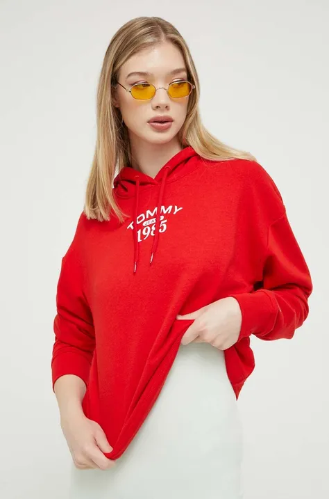 Pulover Tommy Jeans ženska, rdeča barva, s kapuco