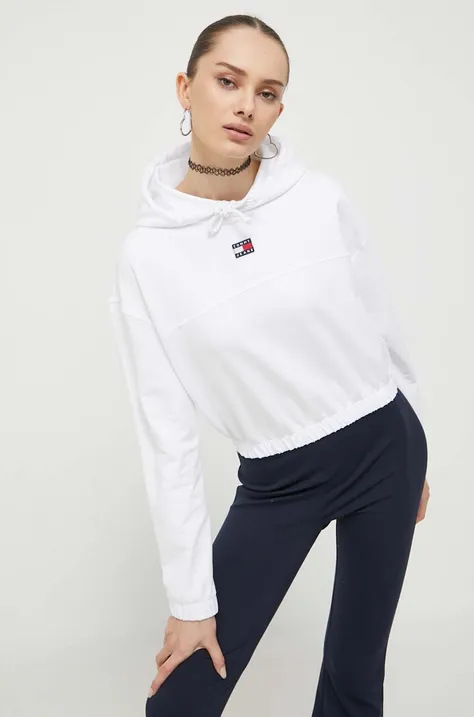 Mikina Tommy Jeans dámska, biela farba, s kapucňou, jednofarebná