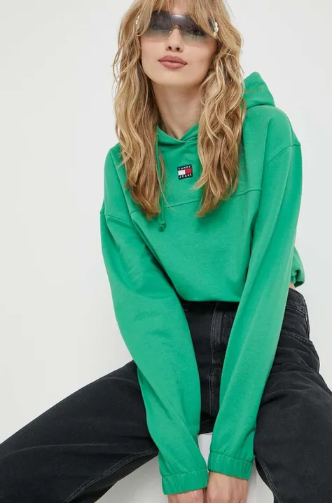 Mikina Tommy Jeans dámska, zelená farba, s kapucňou, jednofarebná