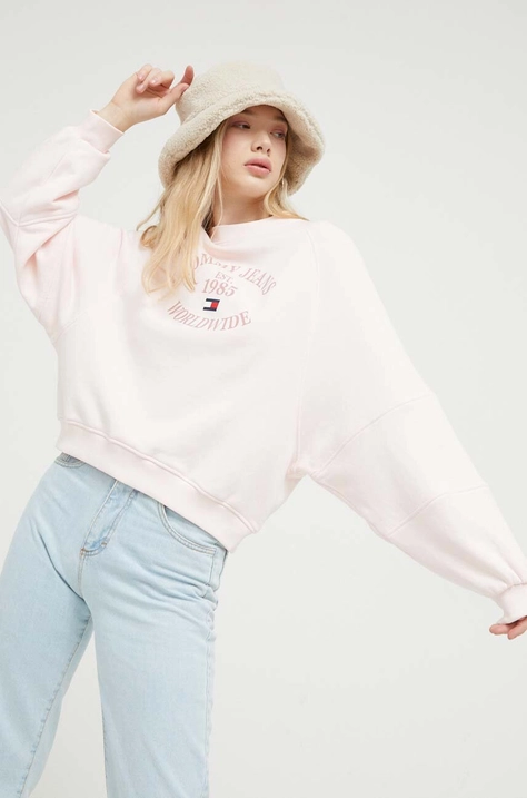 Tommy Jeans bluza bawełniana damska kolor różowy z nadrukiem