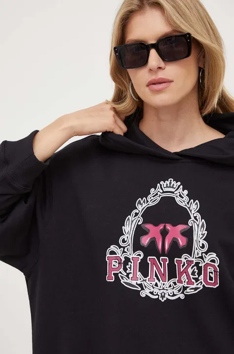 Pinko bluza bawełniana damska kolor czarny z kapturem z nadrukiem