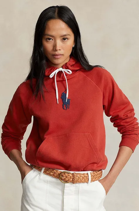 Бавовняна кофта Polo Ralph Lauren жіноча колір червоний з капюшоном з аплікацією