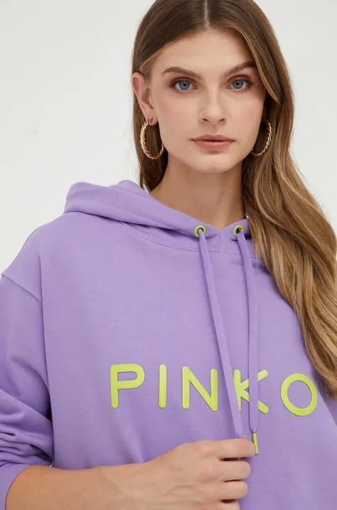 Pamučna dukserica Pinko za žene, boja: ljubičasta, s kapuljačom, s aplikacijom
