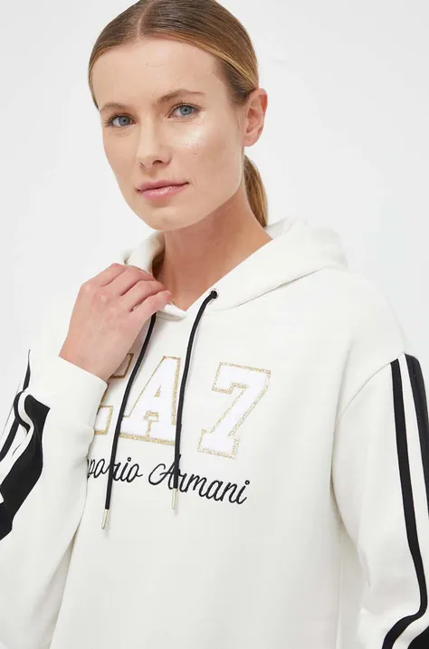 Mikina EA7 Emporio Armani dámská, béžová barva, s kapucí, s aplikací