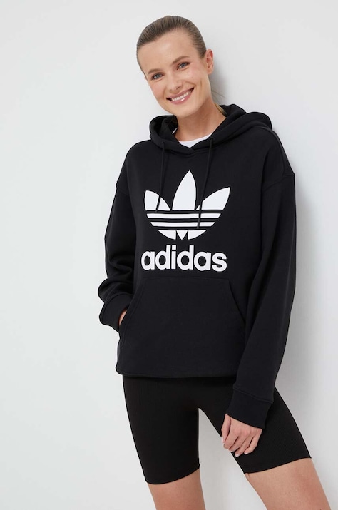 adidas Originals bluza bawełniana damska kolor czarny z kapturem z nadrukiem