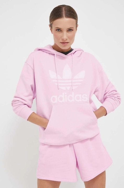 Pamučna dukserica adidas Originals za žene, boja: ružičasta, s kapuljačom, s tiskom