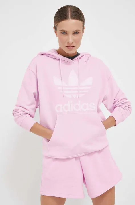 Bombažen pulover adidas Originals ženska, roza barva, s kapuco