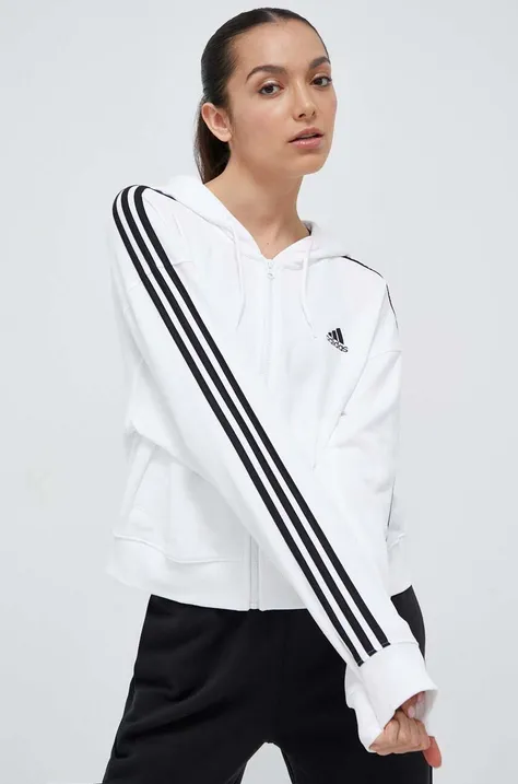 Хлопковая кофта adidas женская цвет белый с капюшоном с аппликацией