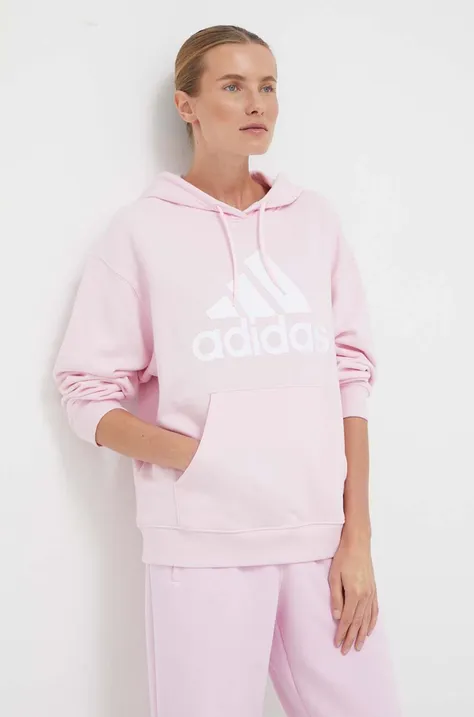Bavlnená mikina adidas dámska, ružová farba, s kapucňou, s potlačou