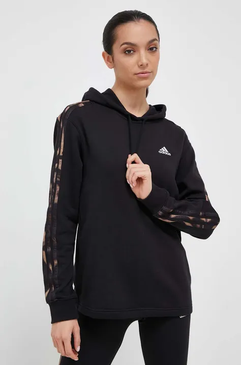 adidas bluza bawełniana damska kolor czarny z kapturem z aplikacją