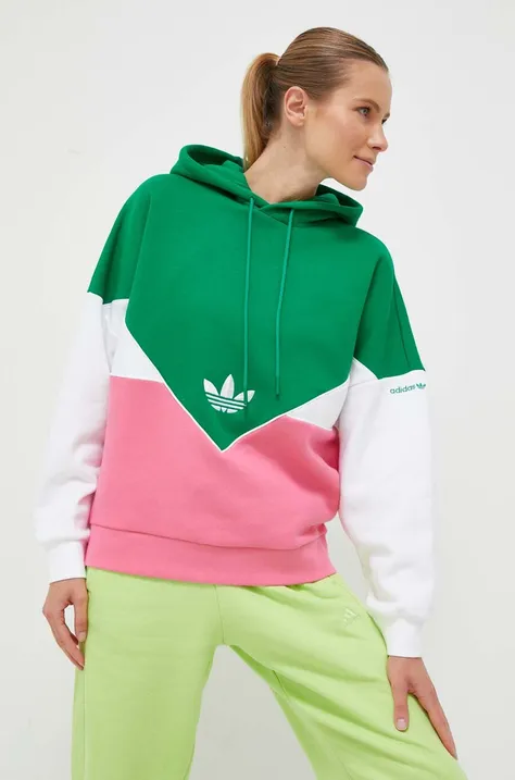 Mikina adidas Originals dámska, zelená farba, s kapucňou, vzorovaná