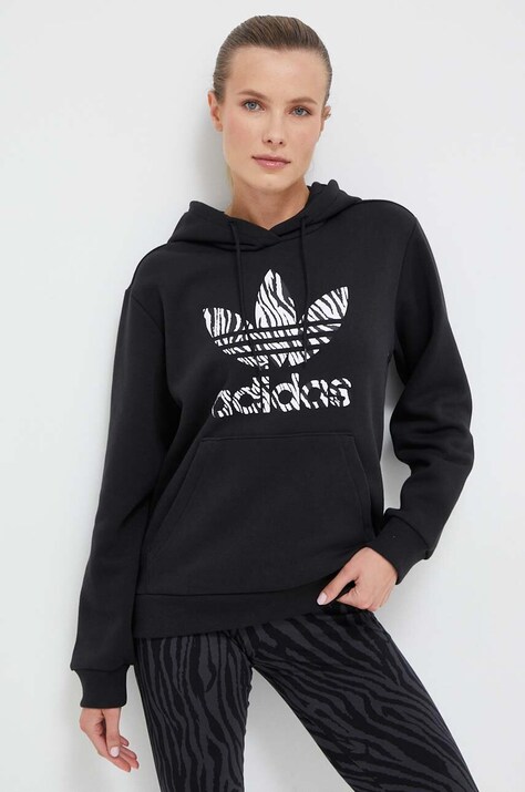 adidas Originals bluza femei, culoarea negru, cu glugă, cu imprimeu