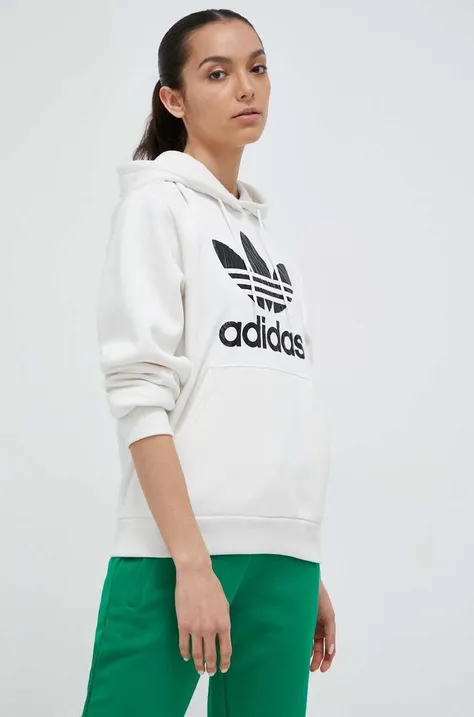 Mikina adidas Originals dámska, biela farba, s kapucňou, s potlačou