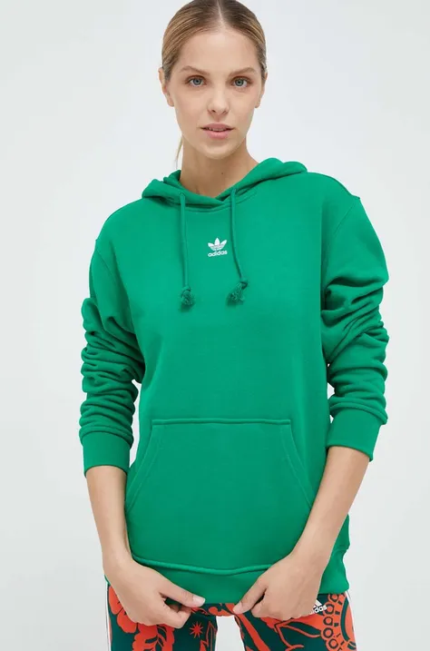 adidas Originals bluza bawełniana damska kolor zielony z kapturem gładka