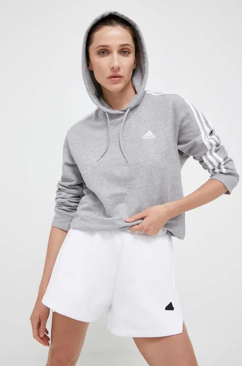 Бавовняна кофта adidas жіноча колір сірий з капюшоном меланж