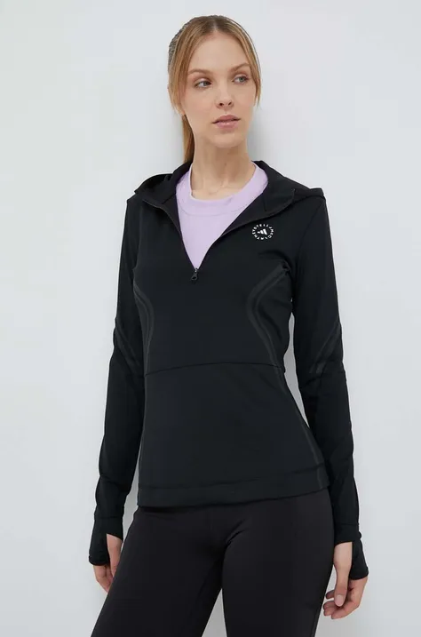 adidas by Stella McCartney bluza do biegania TruePace kolor czarny z kapturem z nadrukiem