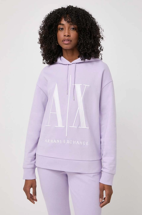 Armani Exchange pamut melegítőfelső lila, női, nyomott mintás, kapucnis