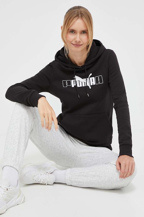 Puma bluza femei, culoarea negru, cu glugă, cu imprimeu
